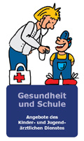 Vorderseite Faltblatt, Schul&auml;rztin untersucht Kind