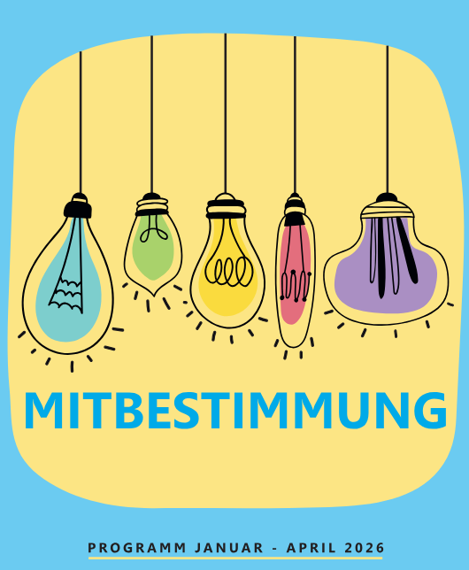 F&uuml;nf bunte Gl&uuml;hbirnen und der Text &bdquo;MITBESTIMMUNG&ldquo;