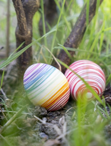 Zwei bunte Ostereier im Gras