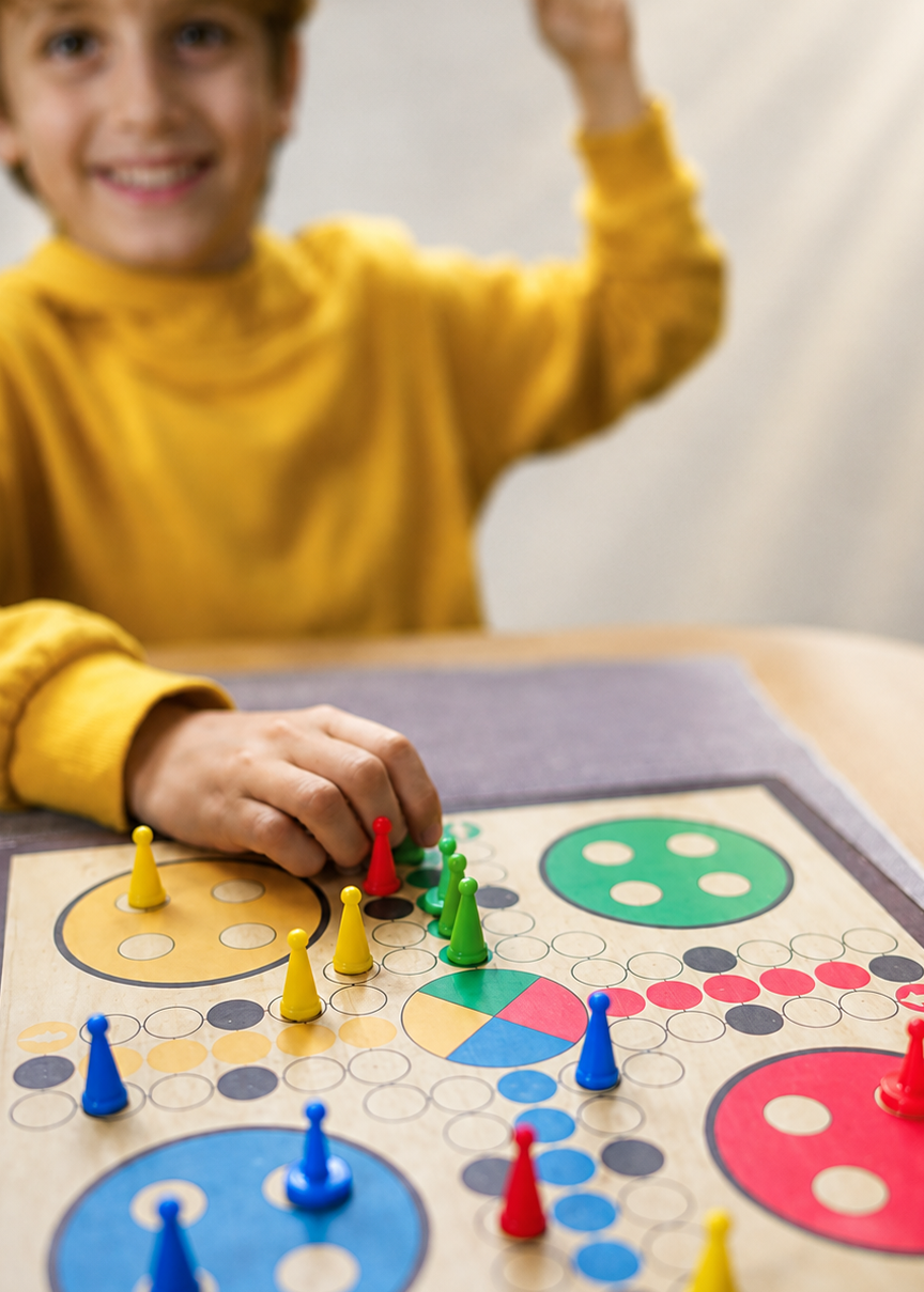 Junge sitzt triumphierend vor einem Mensch &auml;rgere dich nicht Spielfeld