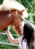 Mädchen und braunes Pferd schauen sich in die Augen
