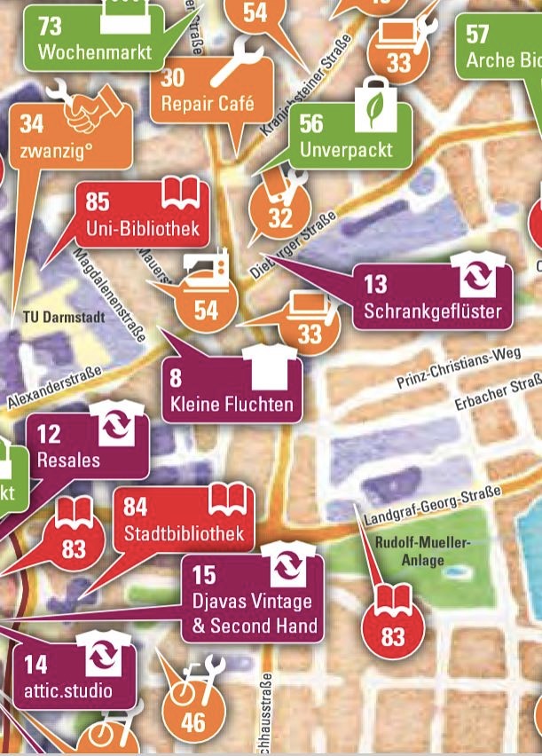 Ausschnitt der Wandelkarte mit nachhaltigen Einkaufsm&ouml;glichkeiten auf dem Darmstadt-Stadtplan